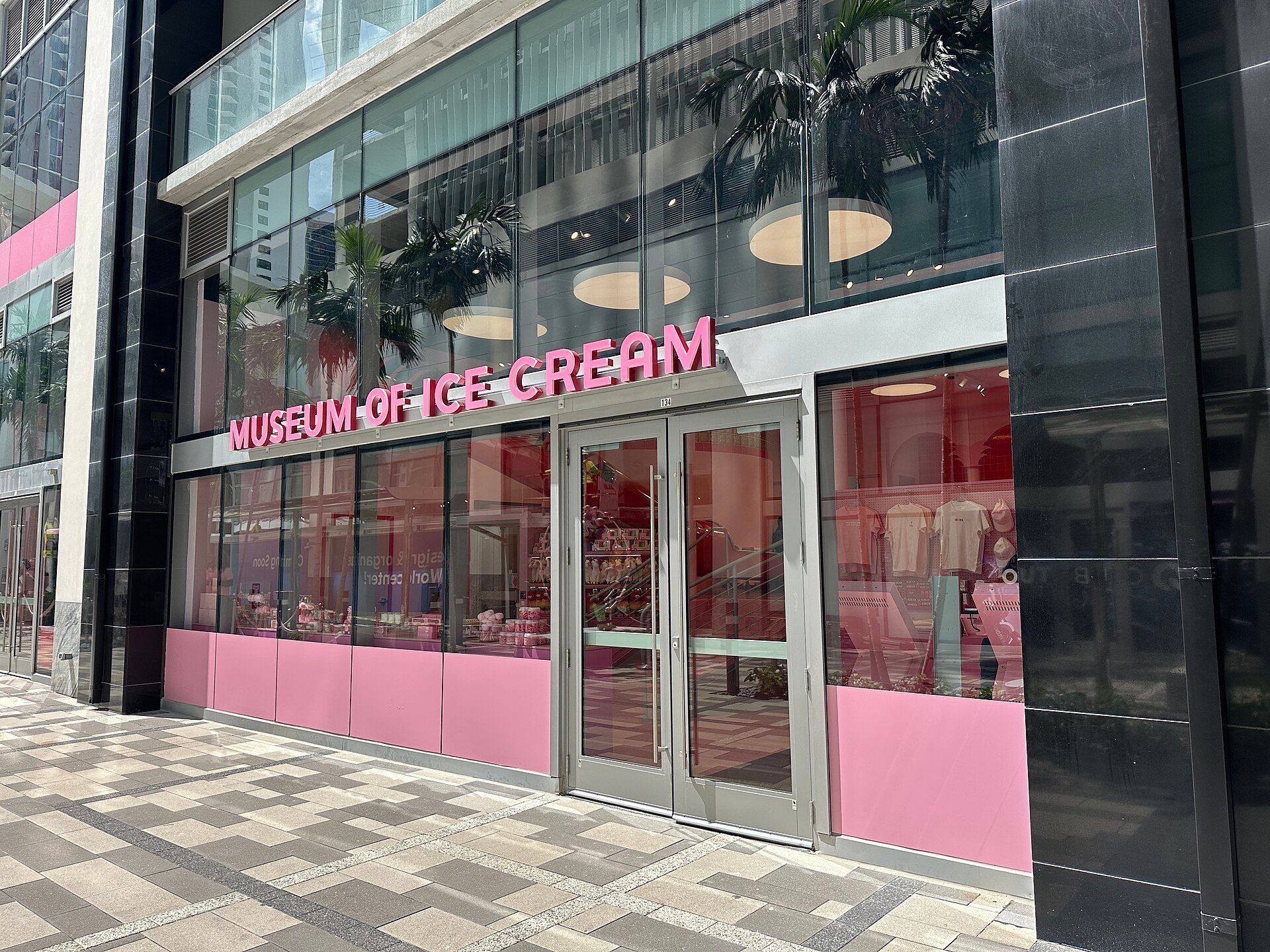 The pink shopfront of the Museum of Ice Cream in downtown Miami