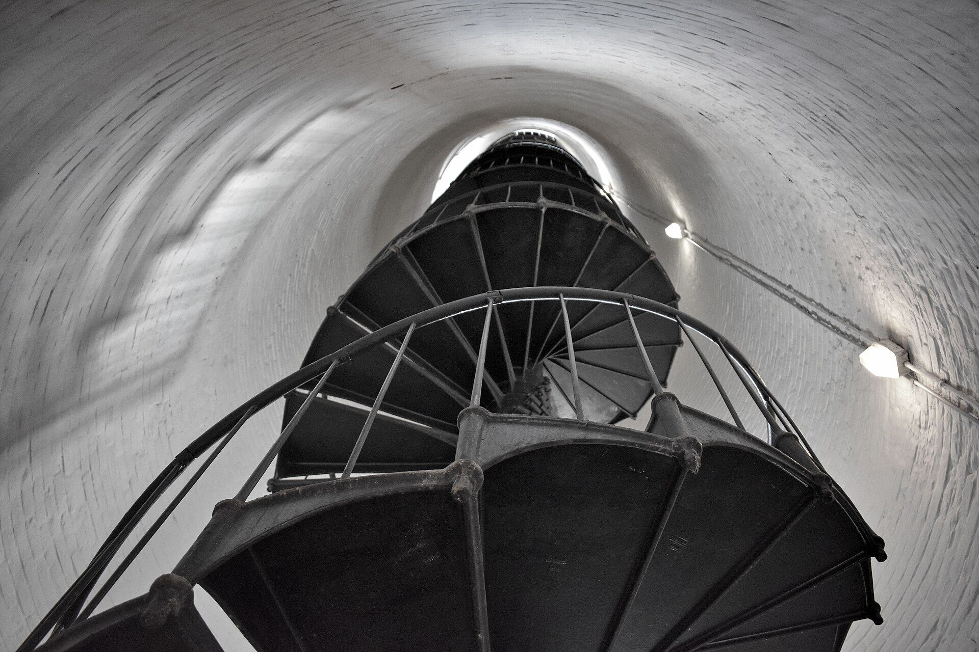 Looking up the spiral iron staircase inside the Cape Florida lighthouse