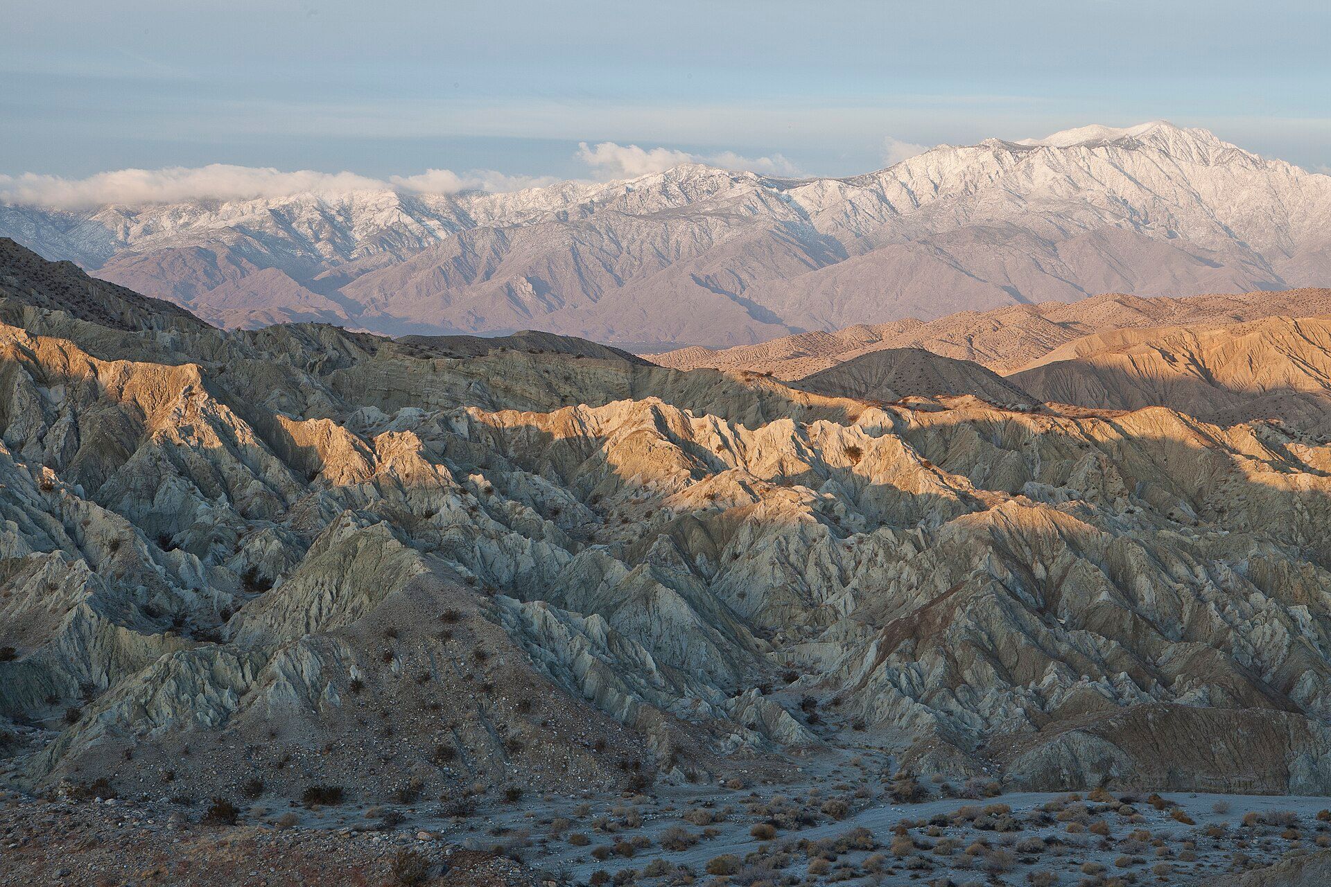 Eroded sandstone ridges in the Coachella Valley Preserve with a snow-capped peak behind