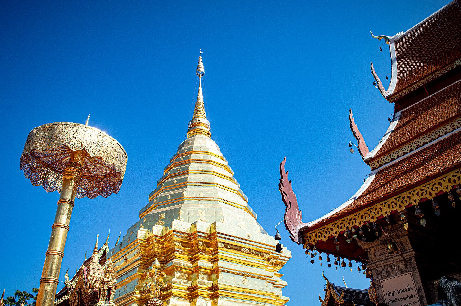 Golden chedi and a gilded umbrella at Wat Phra That Doi Suthep against a blue sky