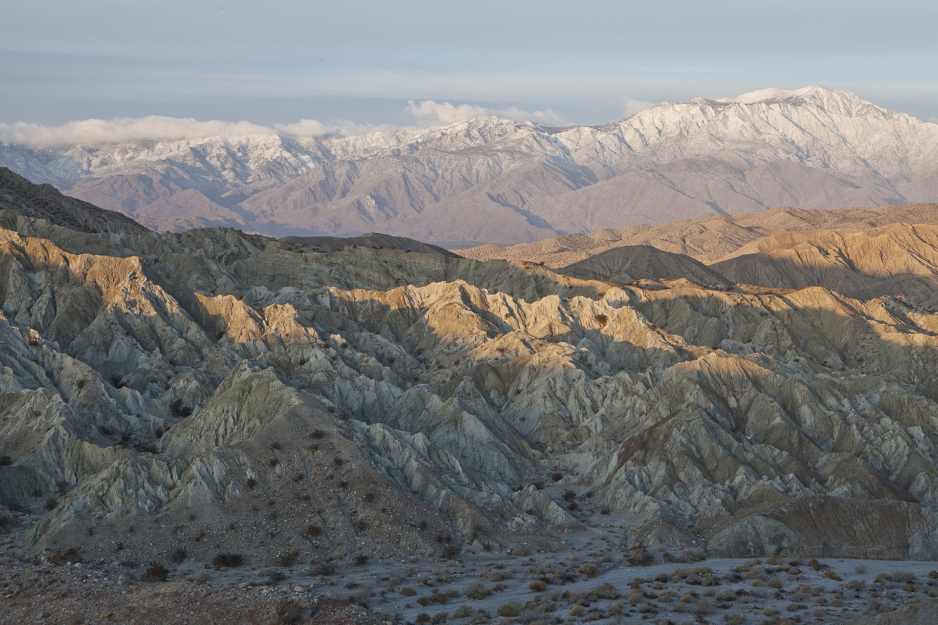 Eroded sandstone ridges in the Coachella Valley Preserve with a snow-capped peak behind