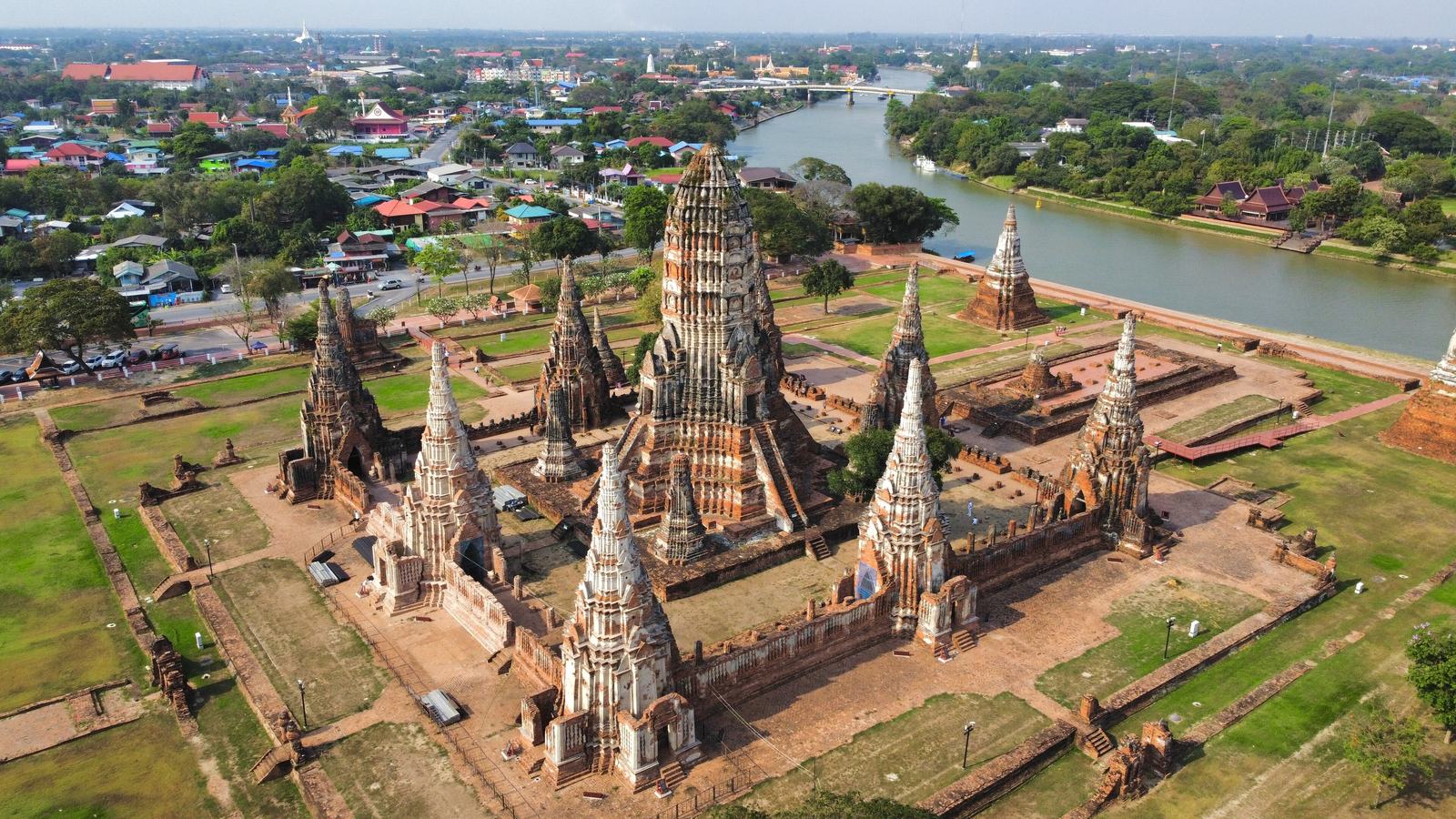 Aerial view of the prangs and galleries of Wat Chaiwatthanaram in Ayutthaya