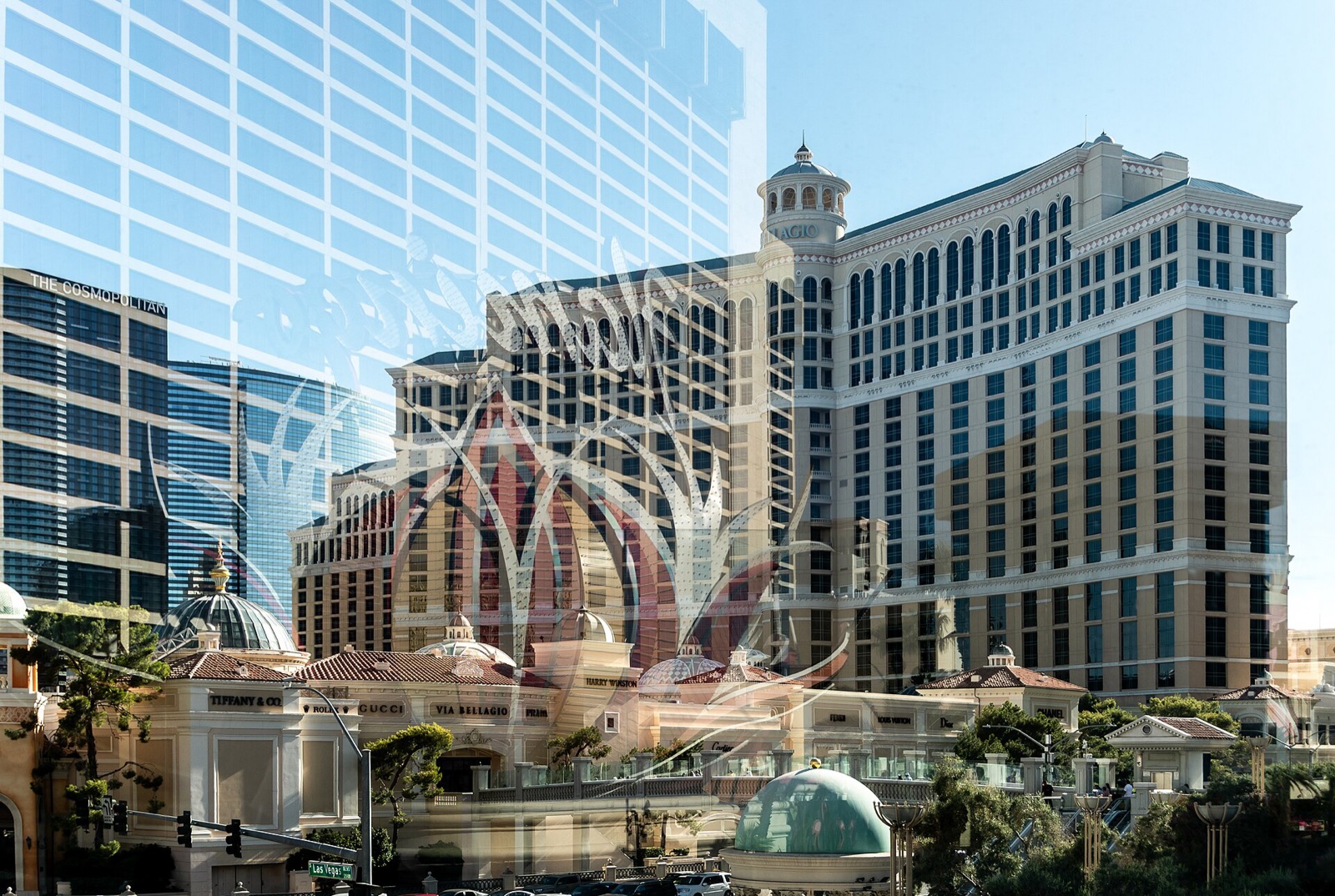 The Flamingo Las Vegas hotel and its sign reflected in water