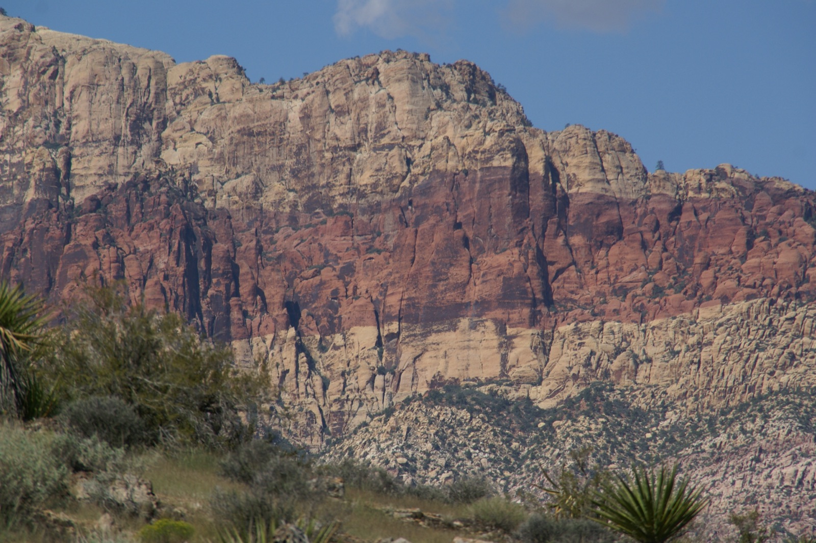 Layered red and cream cliffs at Red Rock Canyon